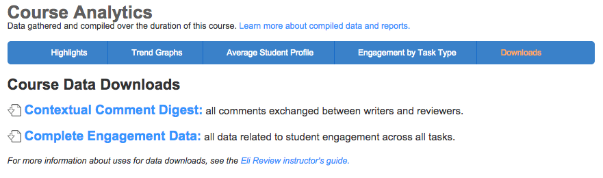 Data download options for class-level engagement and comment data.